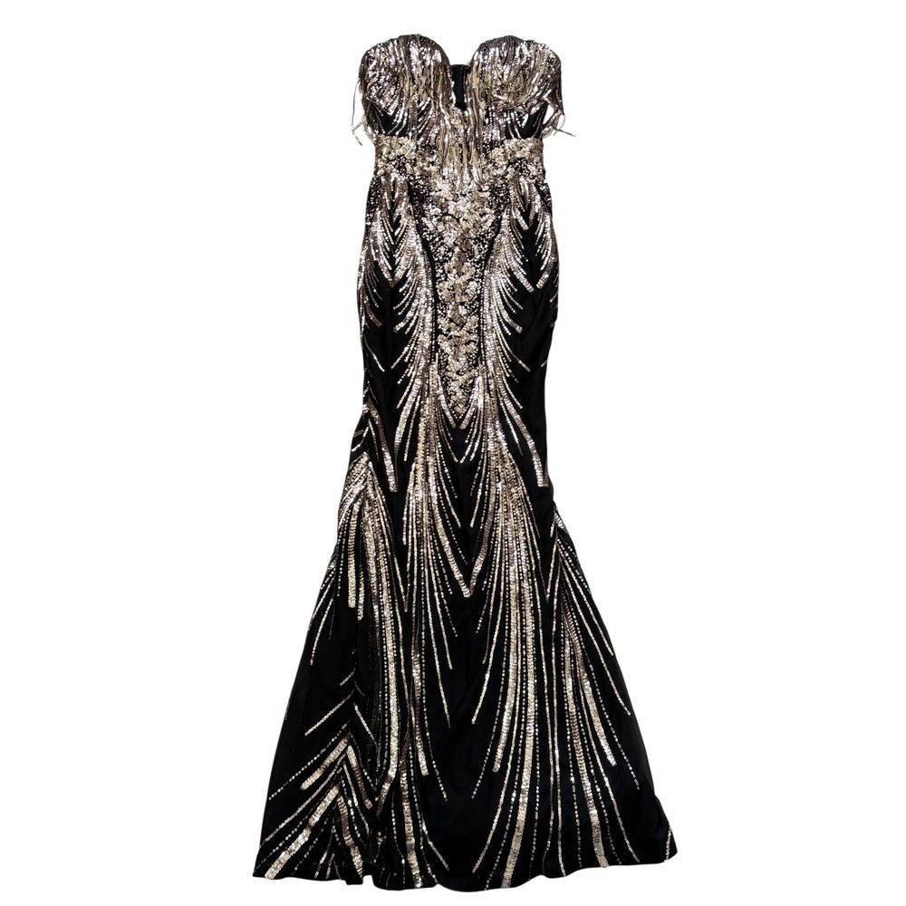 Faeriesty Sequin Mermaid Gown Sz S Black Gold Strapless Evening Formal Prom